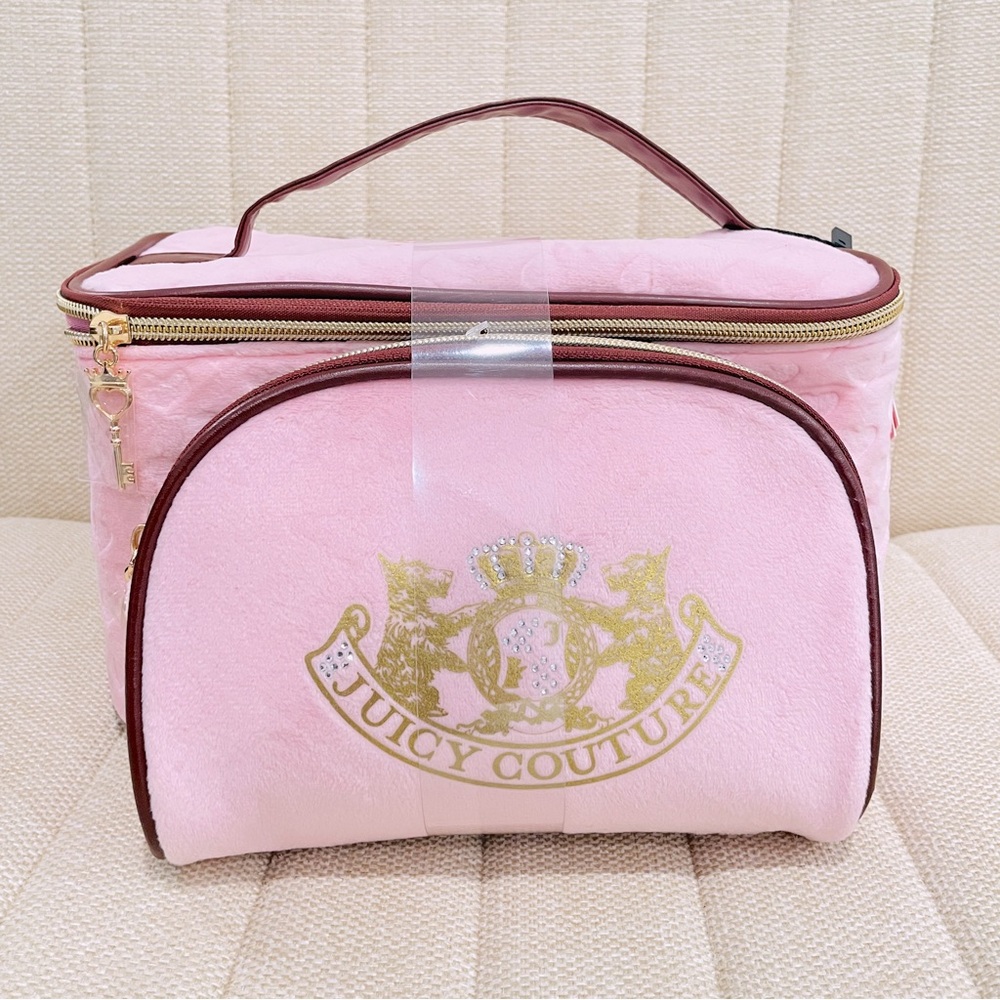 NEW Juicy Couture Pink Velour Heart Embossed Makeup Train Case & Pouch Set